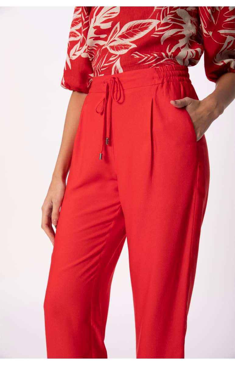 Calça Reta Crepe Viscose Cós Elástico Vermelho