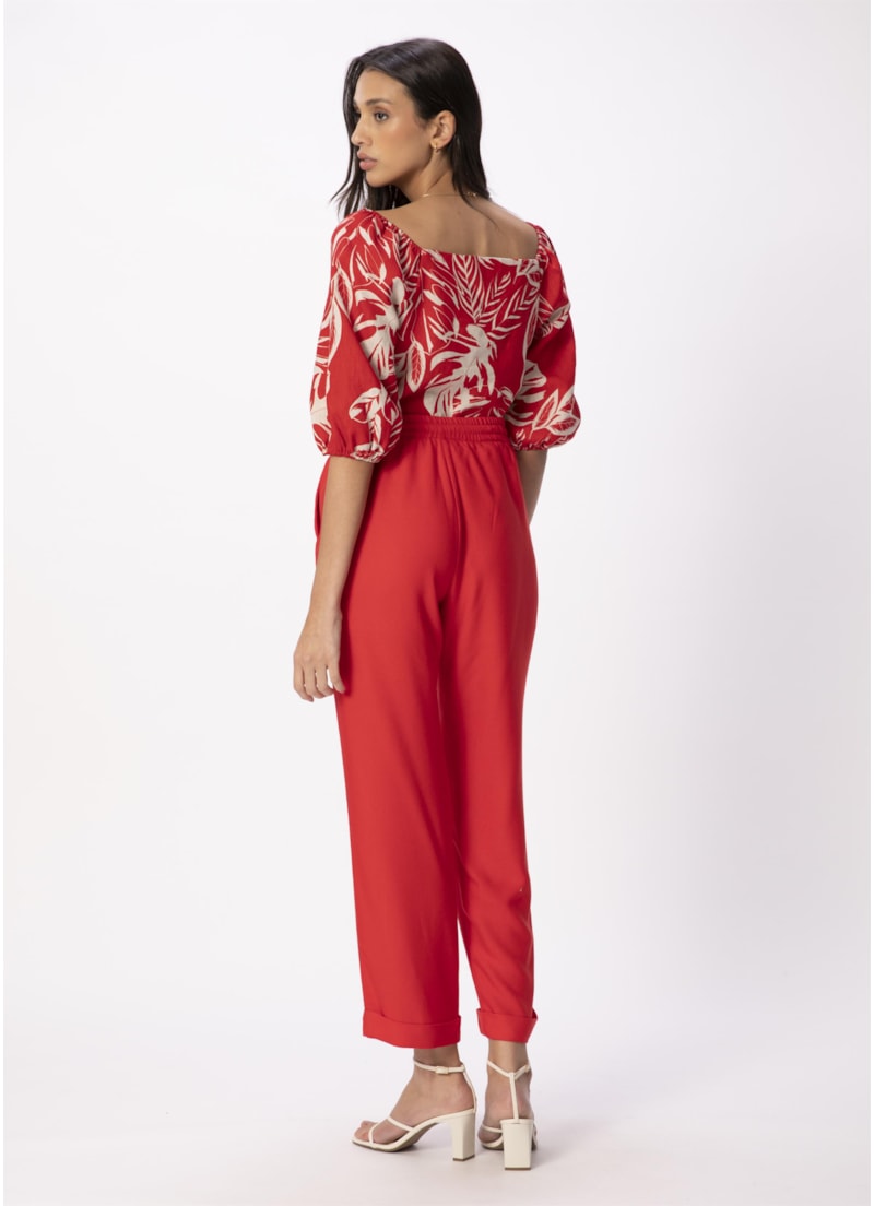 Calça Reta Crepe Viscose Cós Elástico Vermelho