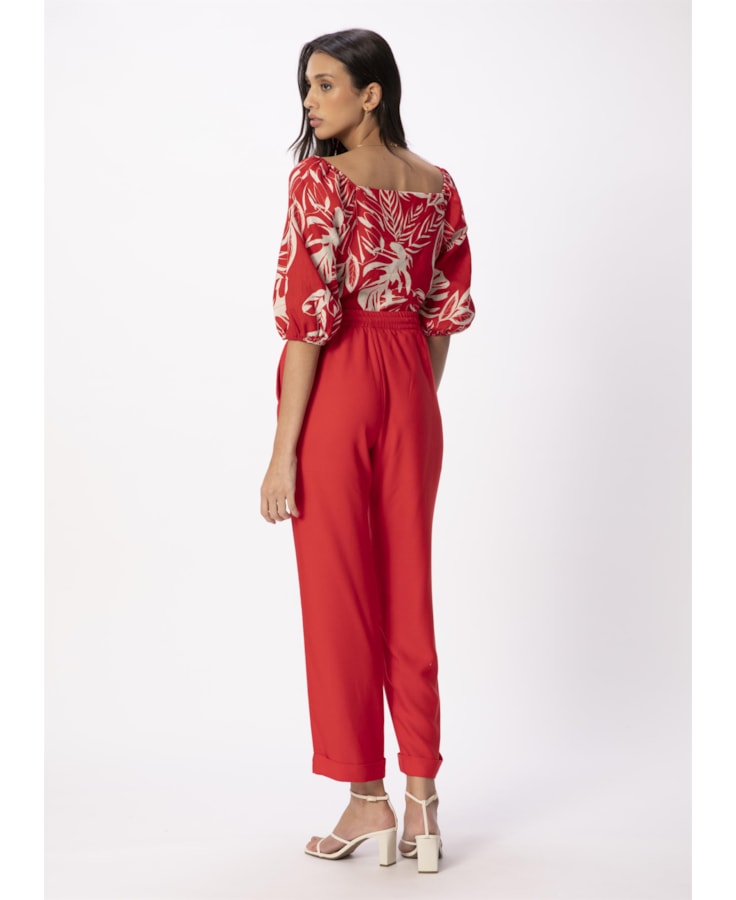 Calça Reta Crepe Viscose Cós Elástico Vermelho