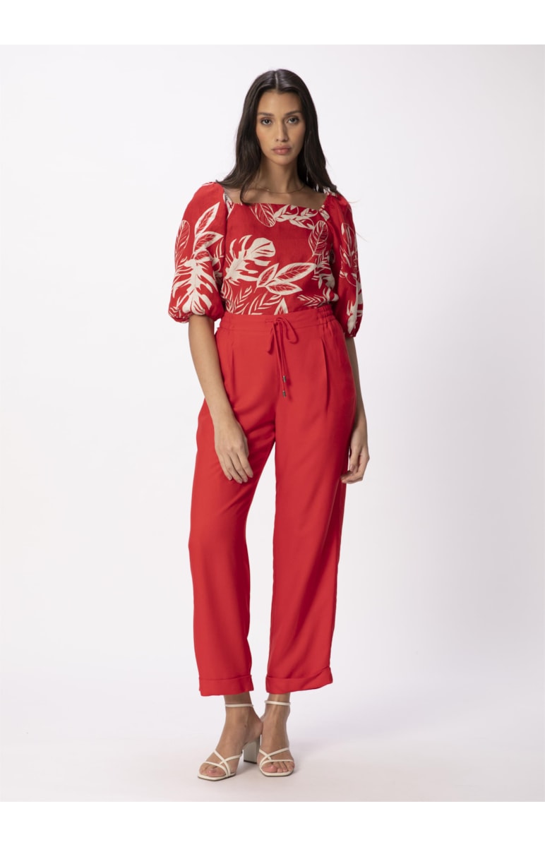 Calça Reta Crepe Viscose Cós Elástico Vermelho