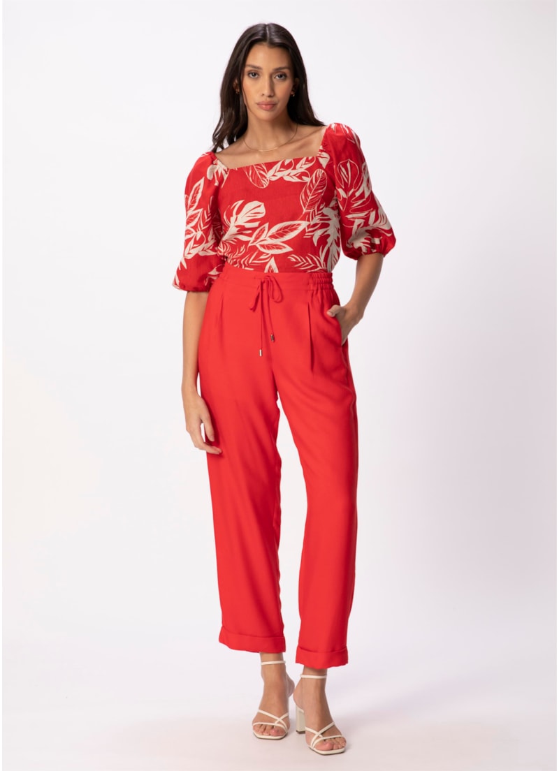 Calça Reta Crepe Viscose Cós Elástico Vermelho