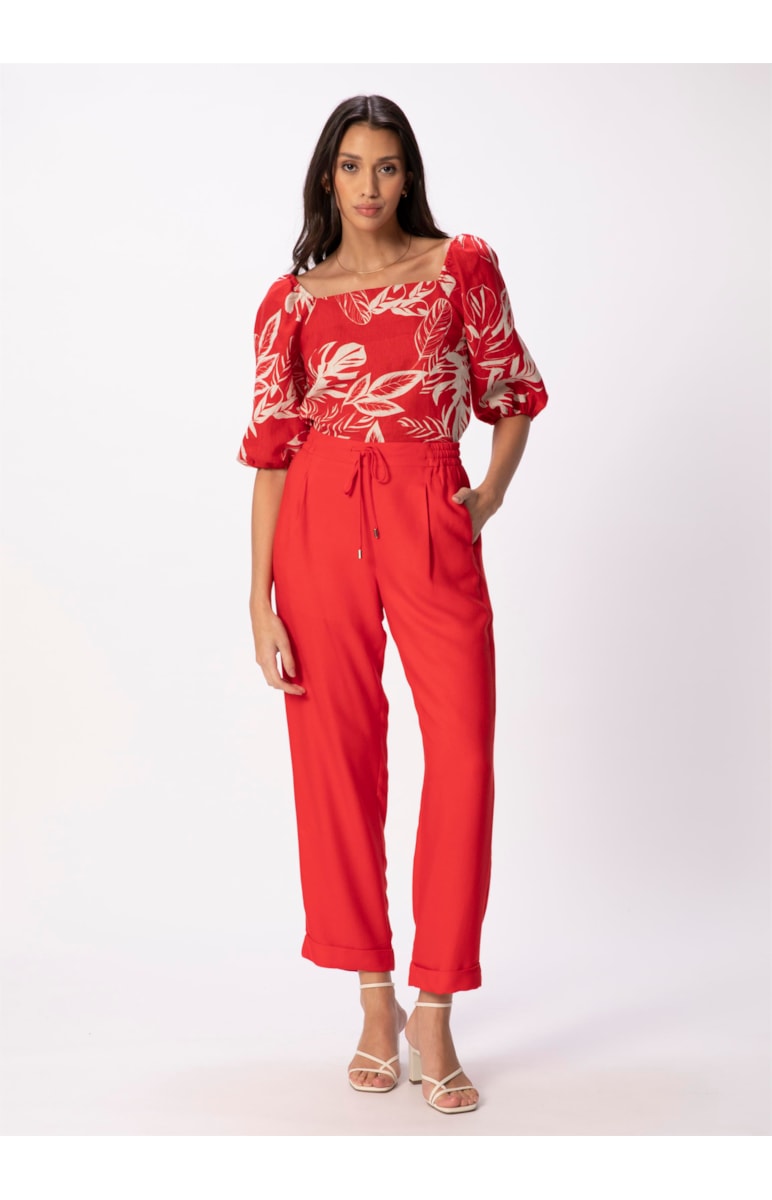 Calça Reta Crepe Viscose Cós Elástico Vermelho