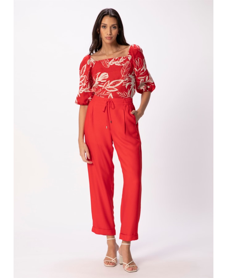 Calça Reta Crepe Viscose Cós Elástico Vermelho