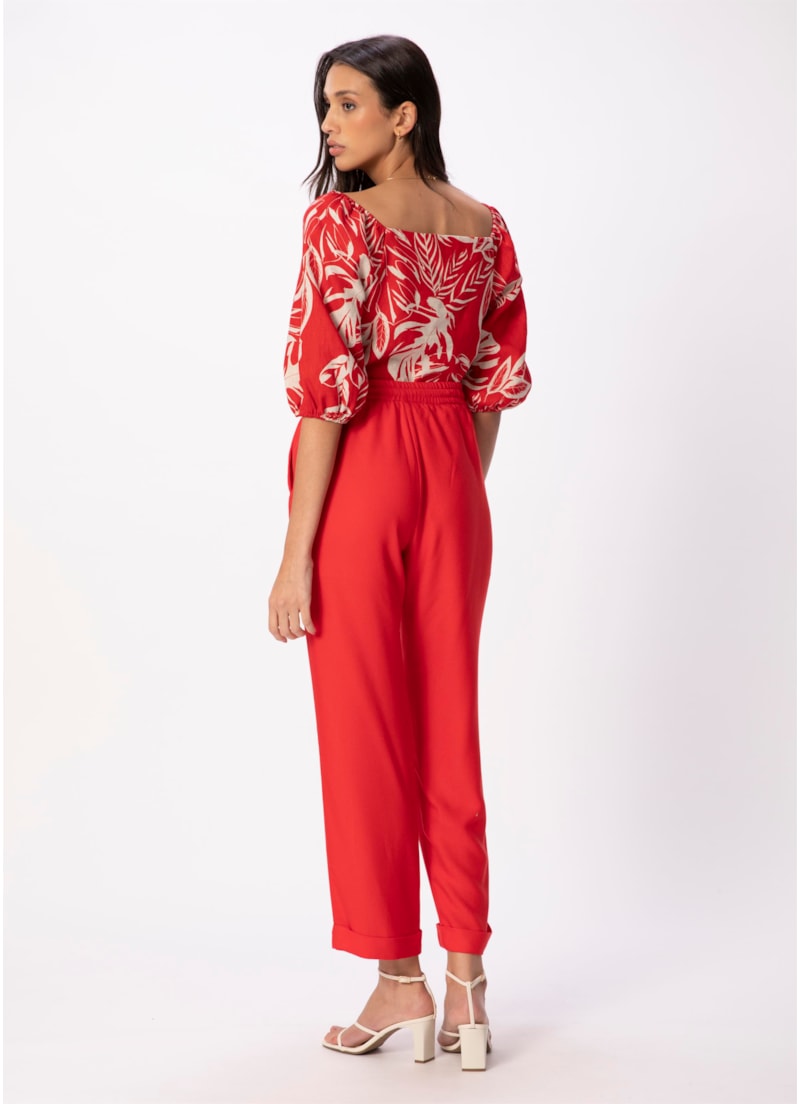Calça Reta Crepe Viscose Cós Elástico Vermelho