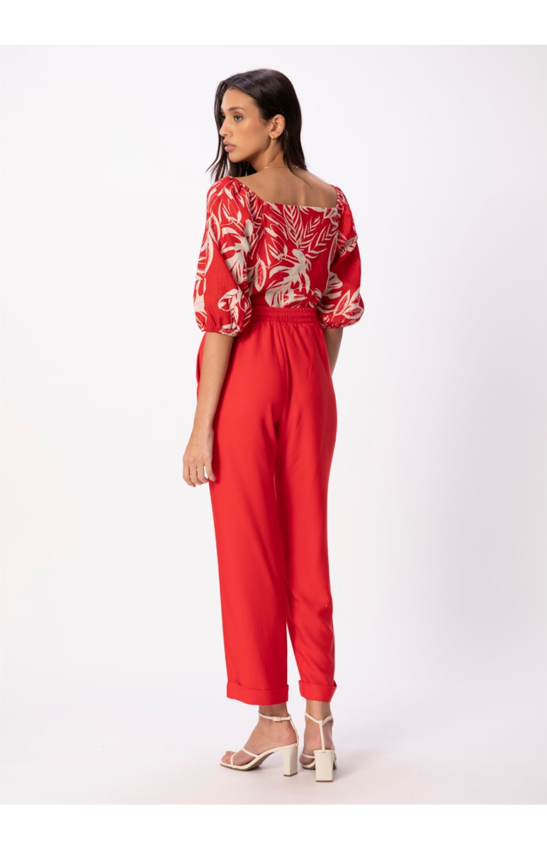 Calça Reta Crepe Viscose Cós Elástico Vermelho