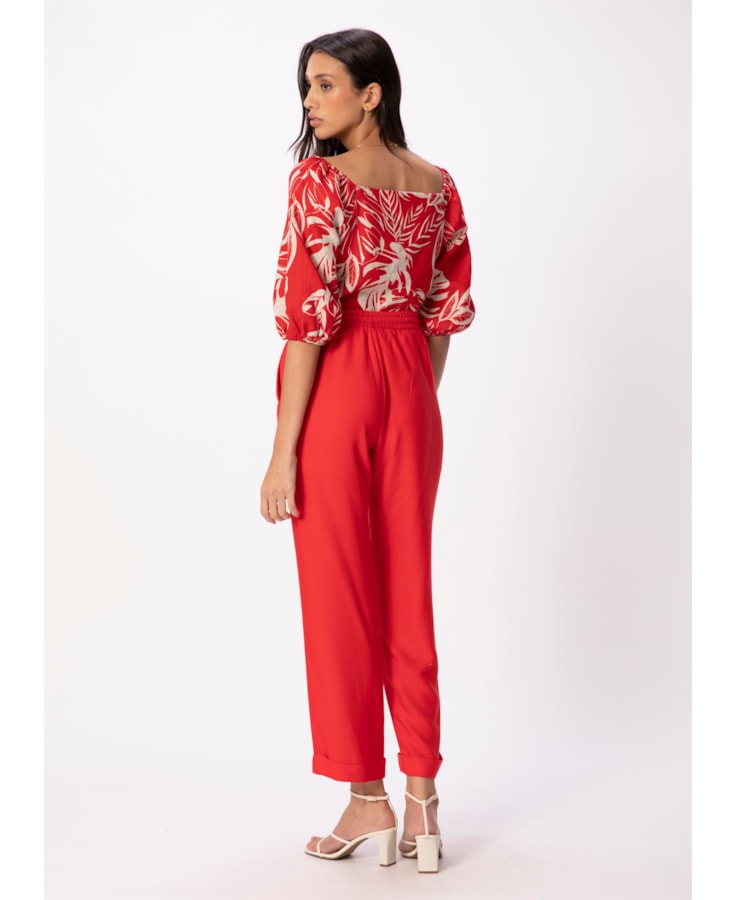 Calça Reta Crepe Viscose Cós Elástico Vermelho