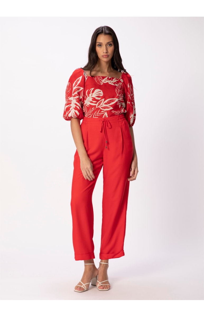 Calça Reta Crepe Viscose Cós Elástico Vermelho