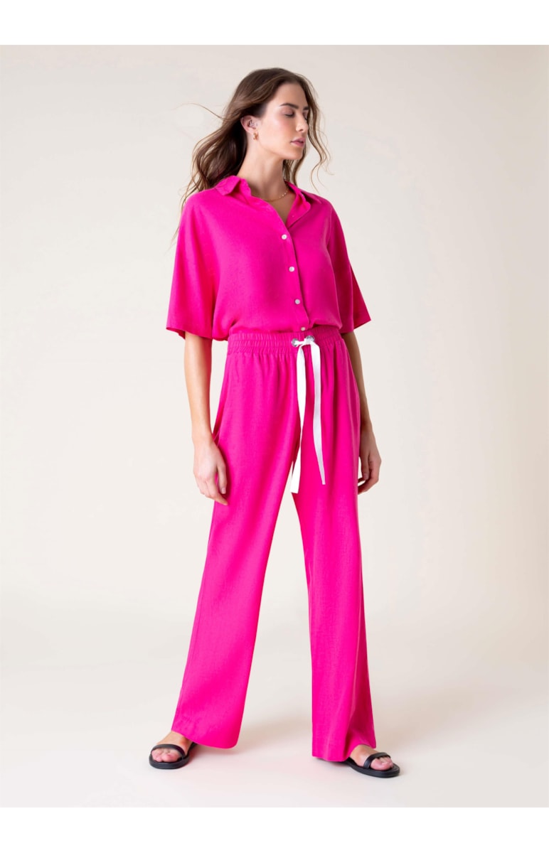 Calça Reta Linho Washed Rosa Gum