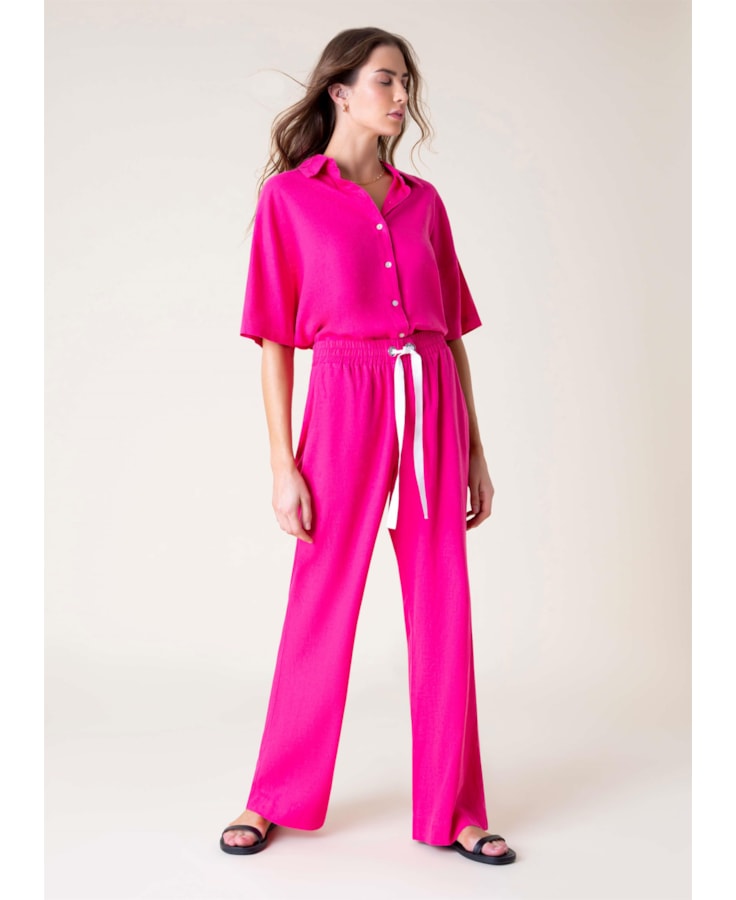 Calça Reta Linho Washed Rosa Gum