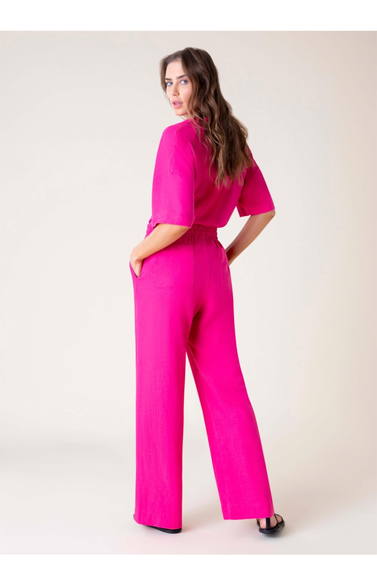 Calça Reta Linho Washed Rosa Gum
