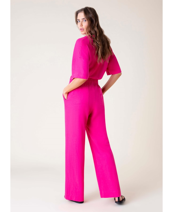 Calça Reta Linho Washed Rosa Gum