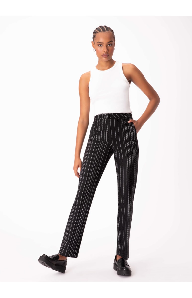 Calça Tweed Stripes Reta Preto