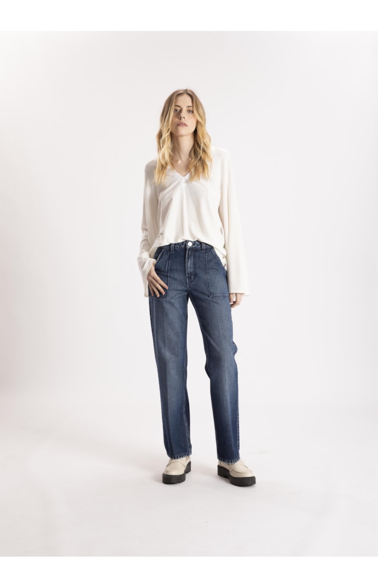 Calça Vintage Denim Slouch Bolso Cargo Lav. Escuro C/ Luvinha