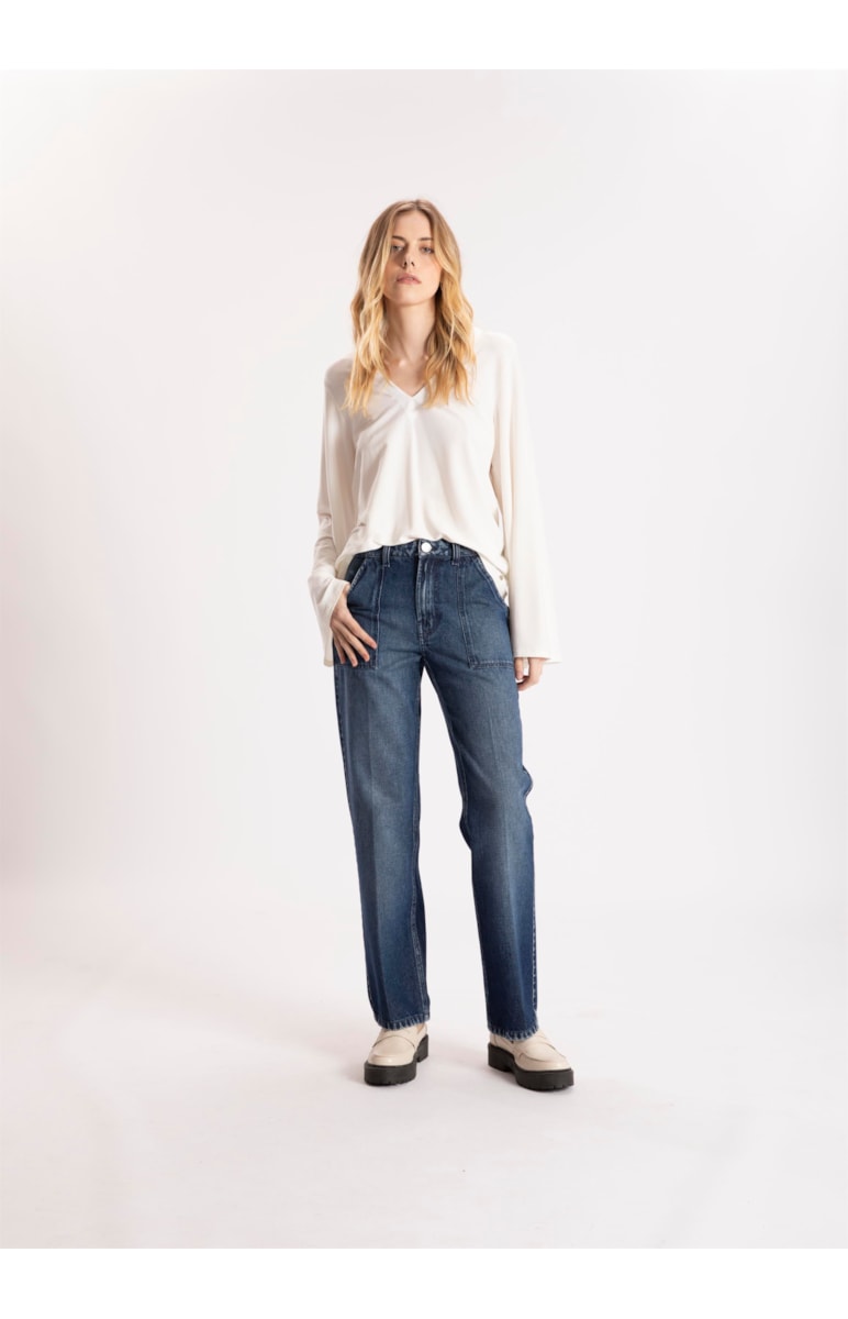 Calça Vintage Denim Slouch Bolso Cargo Lav. Escuro C/ Luvinha