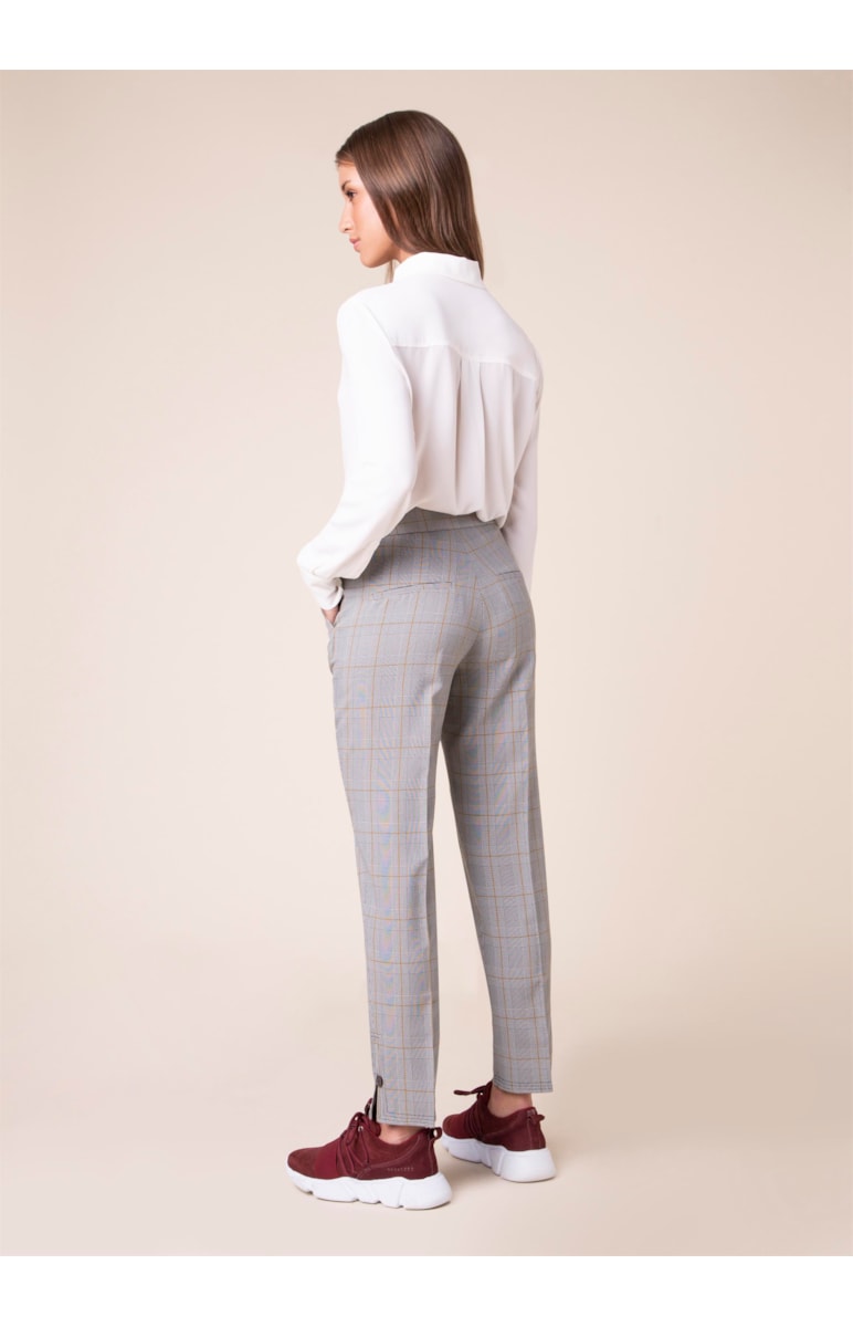 Calça Xadrez Pesponto Estampado Xadrez Amarelo