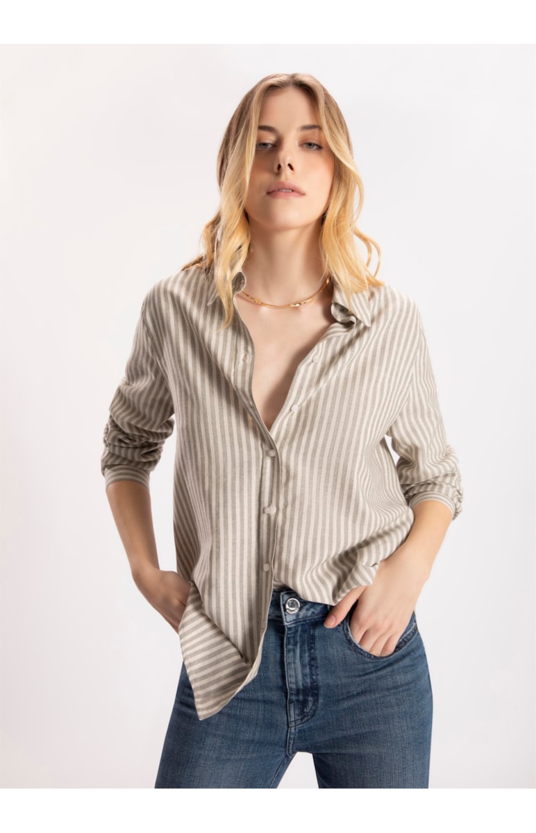 Camisa Linho Stripes Cinza Claro