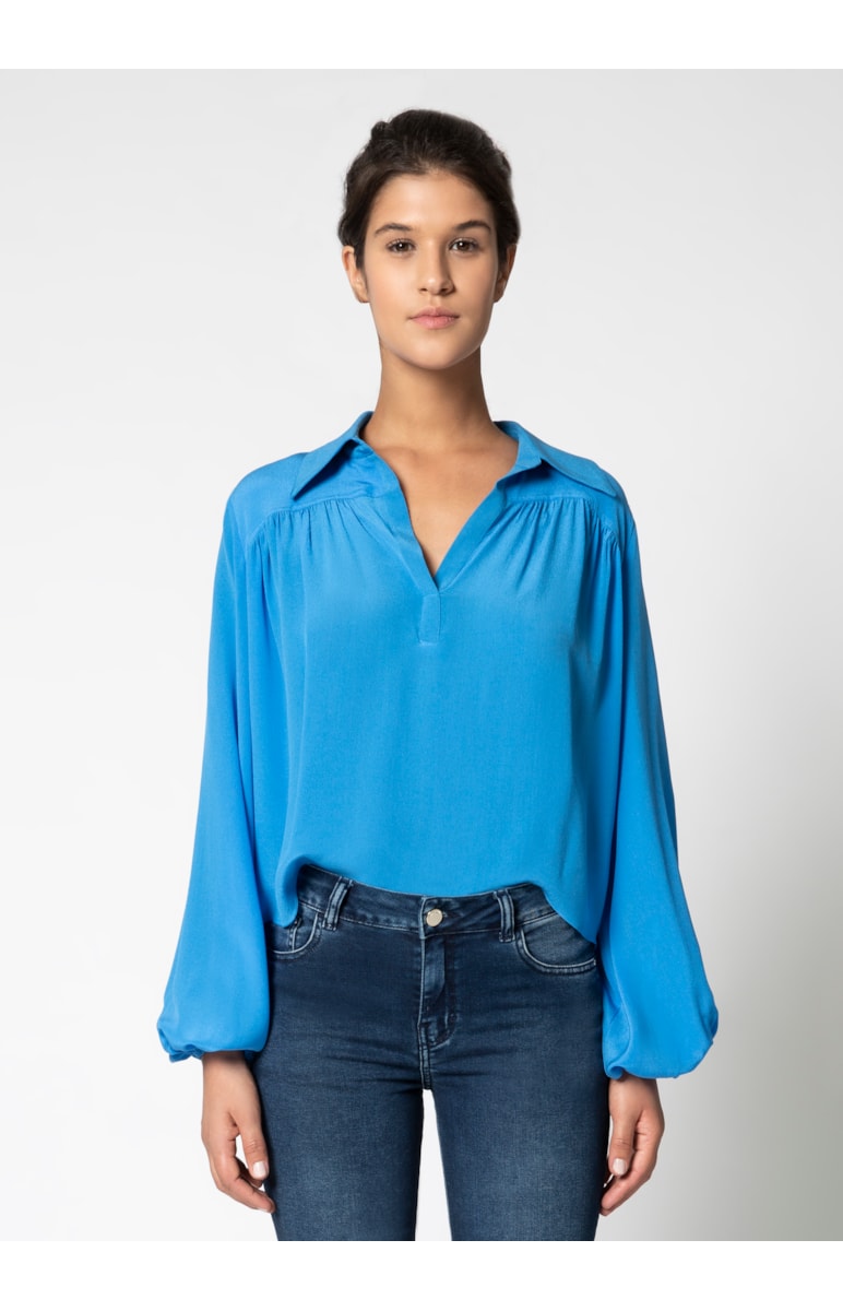 Camisa Recorte Franzido Azul