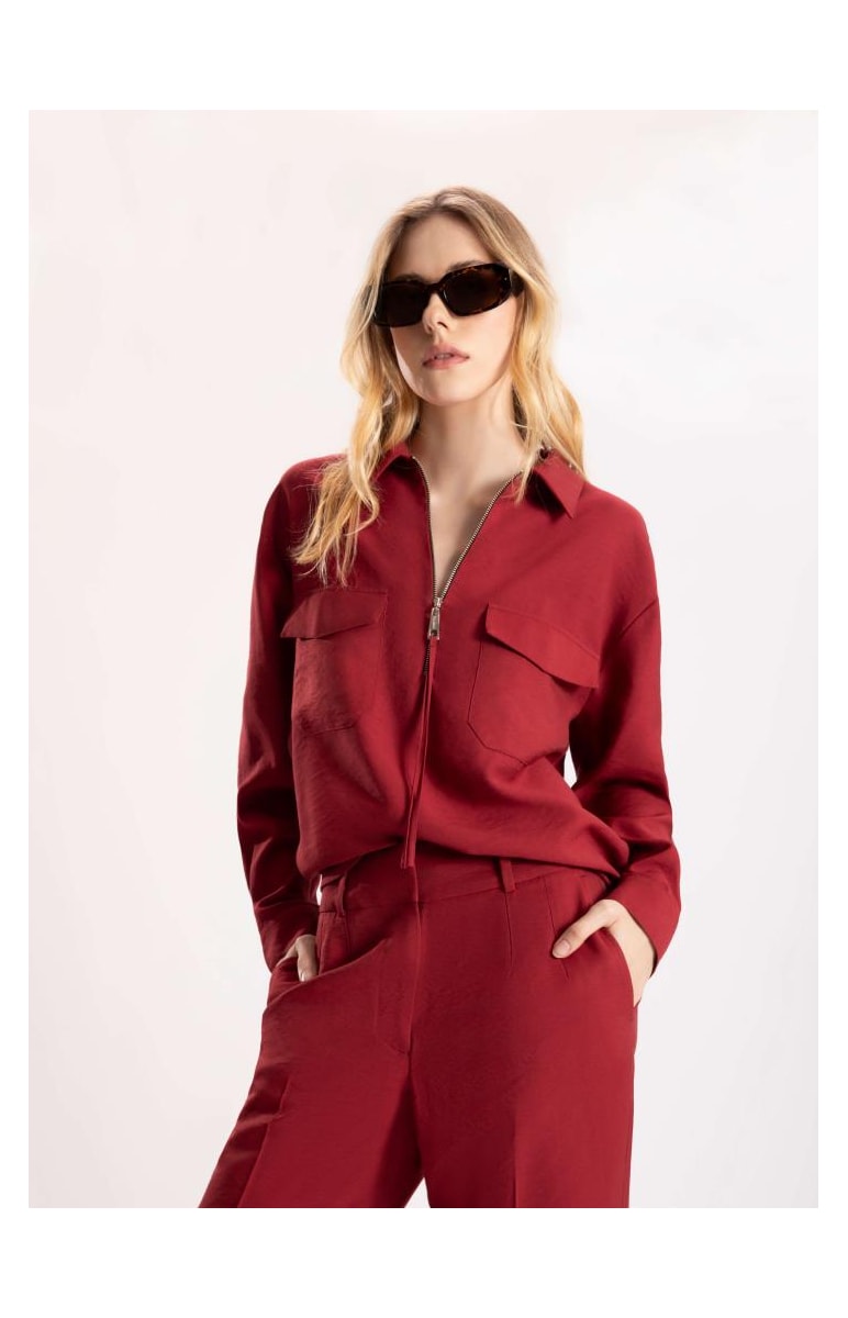 Camisa Visco Tecno Decote Ziper Vermelho