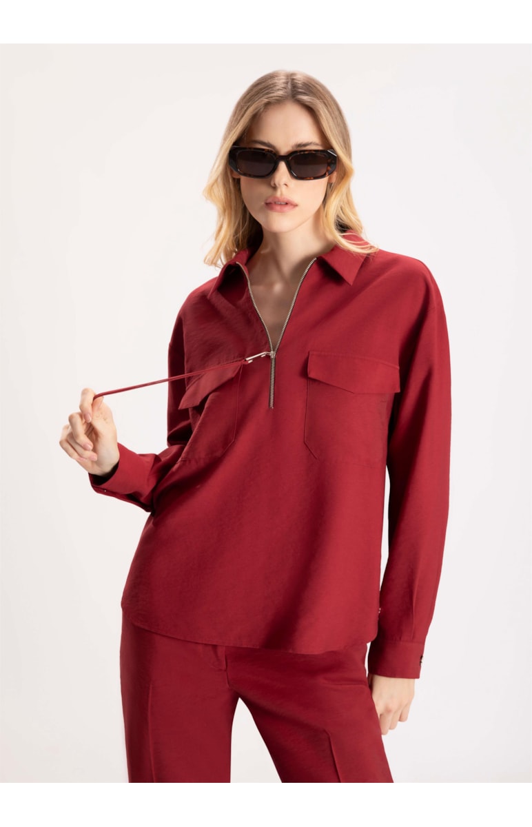 Camisa Visco Tecno Decote Ziper Vermelho