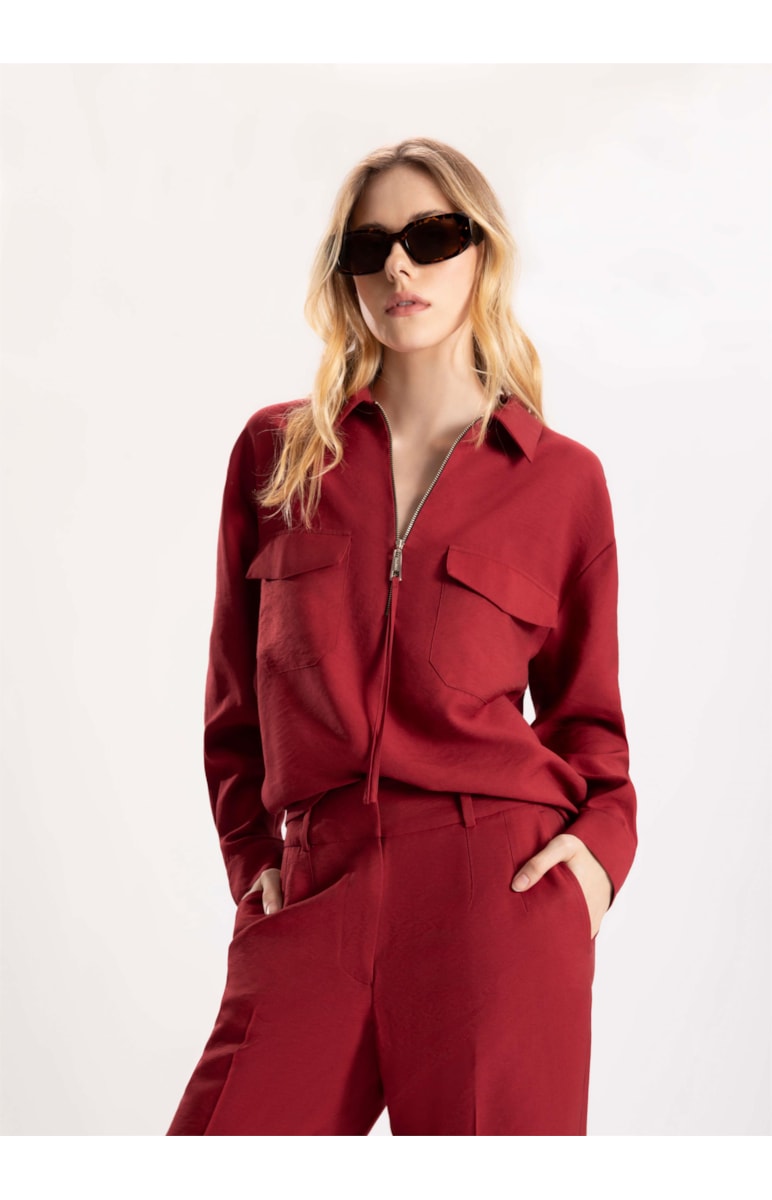 Camisa Visco Tecno Decote Ziper Vermelho