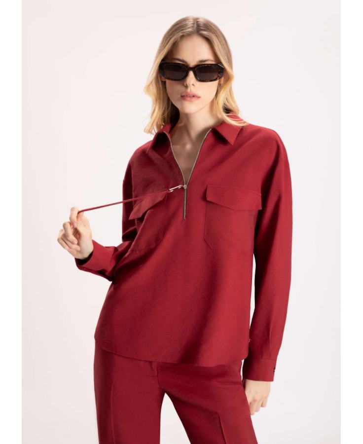 Camisa Visco Tecno Decote Ziper Vermelho