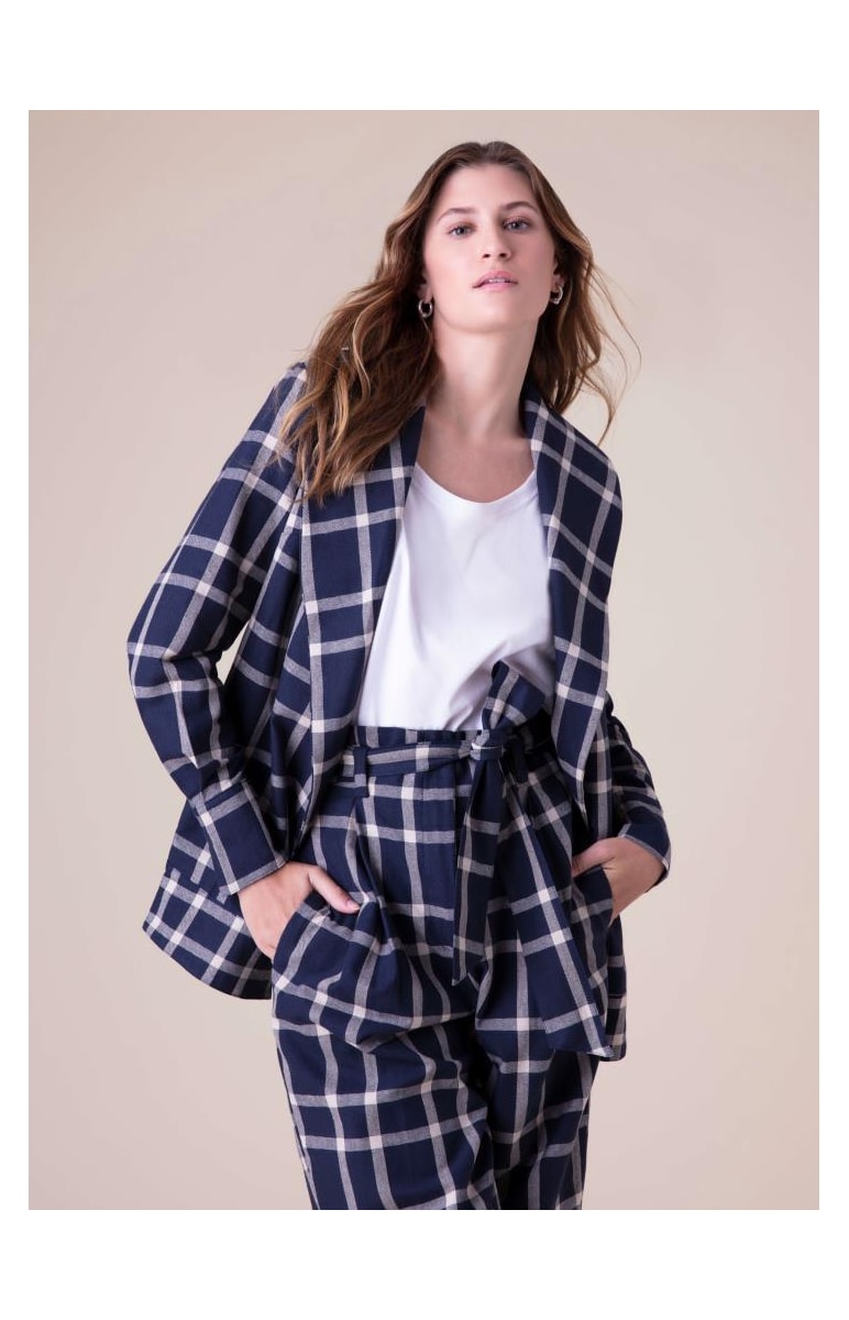 Casaco Robe Linho Xadrez Marinho