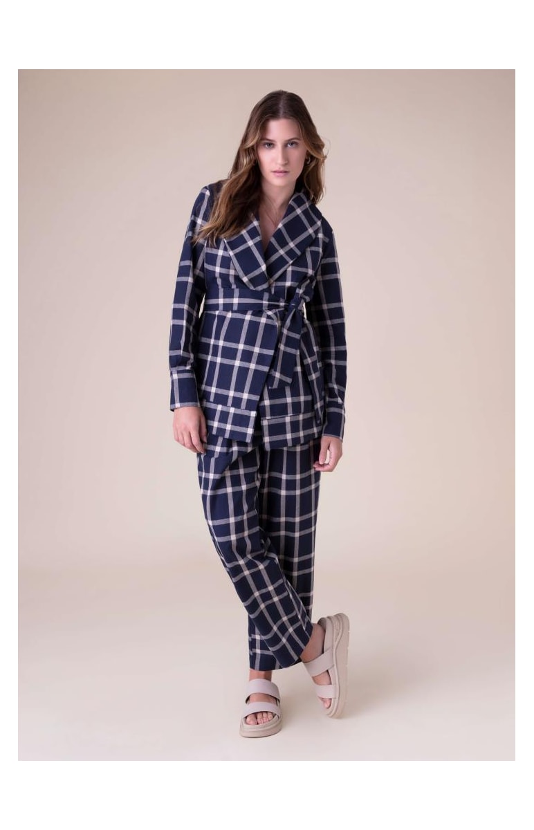 Casaco Robe Linho Xadrez Marinho
