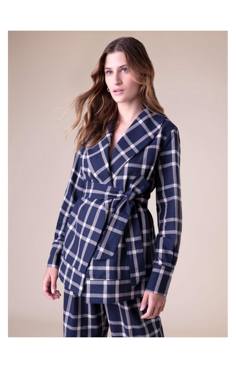 Casaco Robe Linho Xadrez Marinho