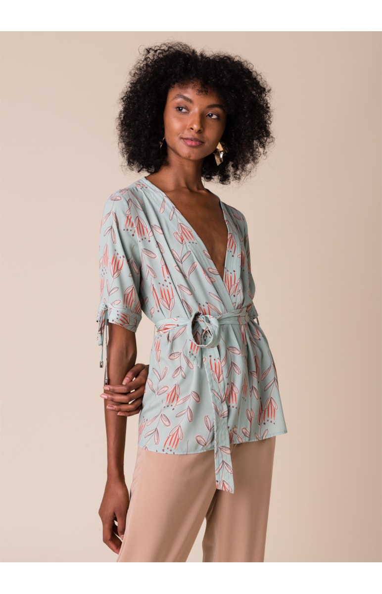 Kimono Estampa Folhagens Estampado Verde