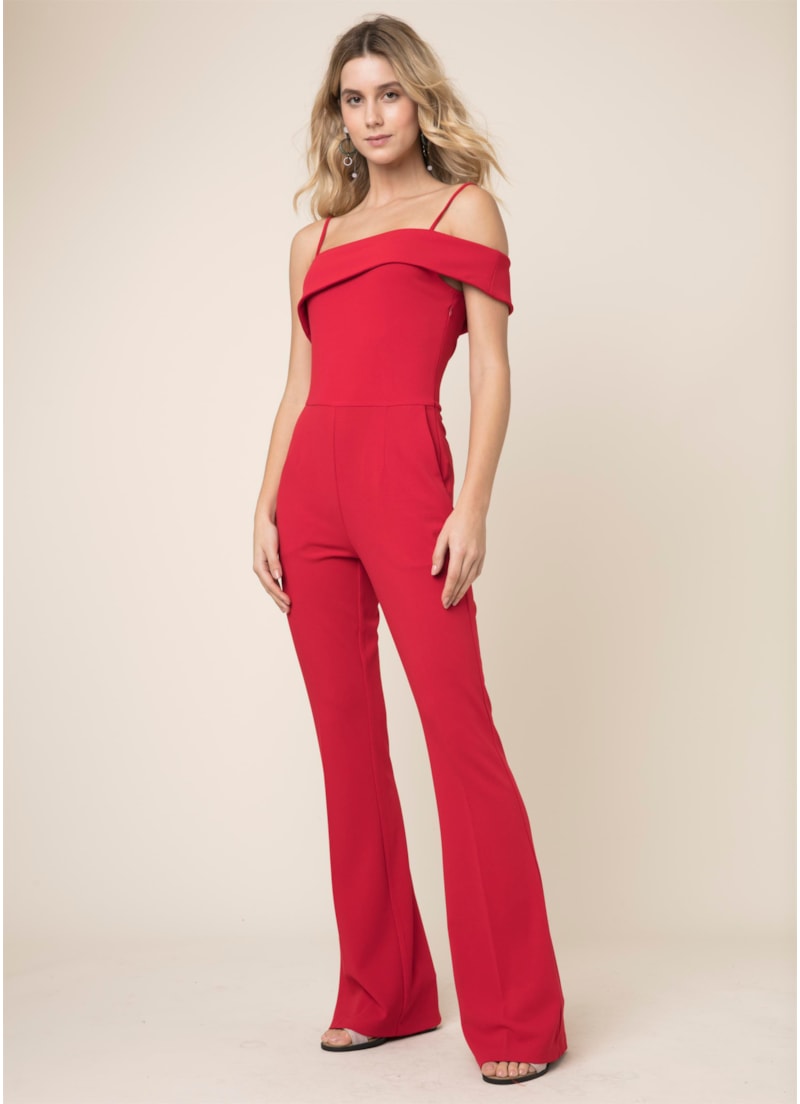 Macacao Crepe Malha Ombro Vermelho