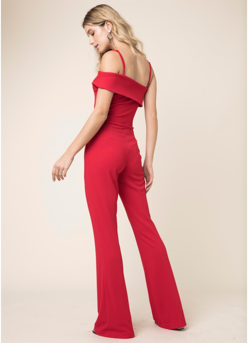 Macacao Crepe Malha Ombro Vermelho