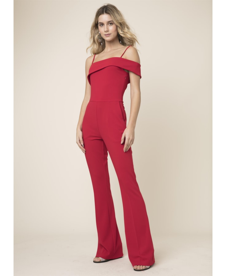 Macacao Crepe Malha Ombro Vermelho