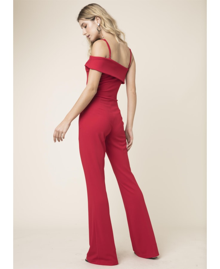 Macacao Crepe Malha Ombro Vermelho