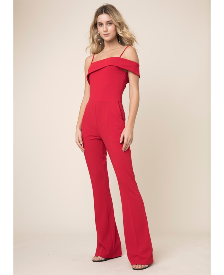 Macacao Crepe Malha Ombro Vermelho