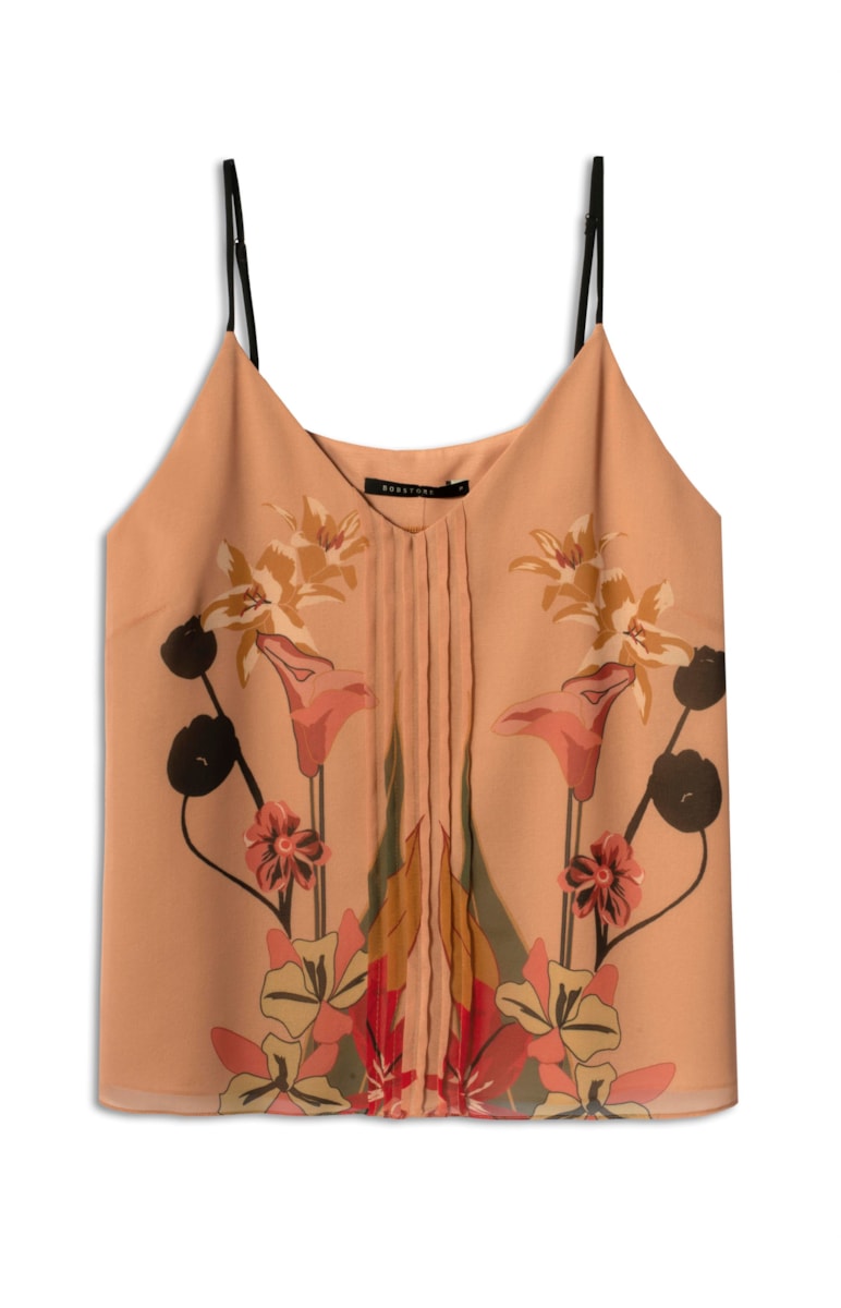 Regata Pregas Mixed Flowers Estampado Fundo Nude
