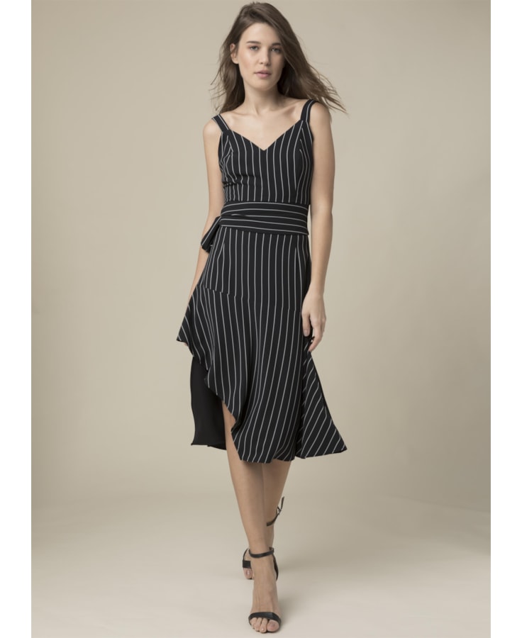 Saia Crepe Listrada Preto