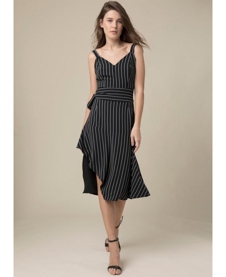 Saia Crepe Listrada Preto