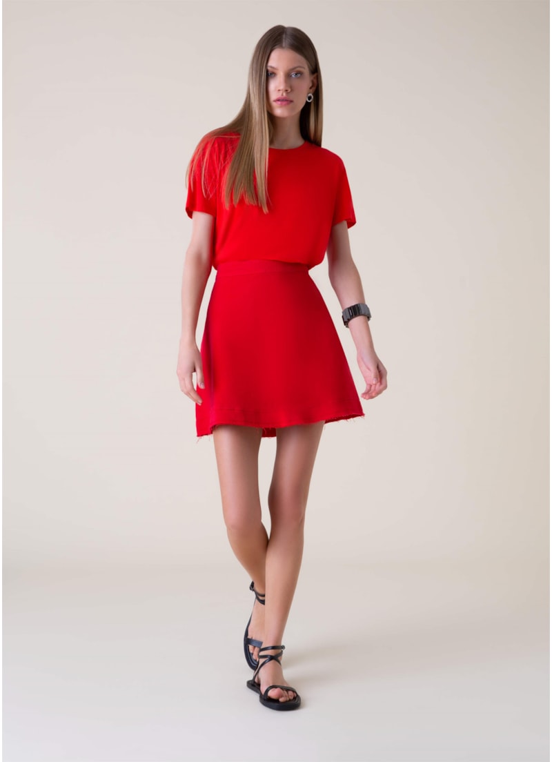 Saia Curta Denim Color Evasê Vermelho