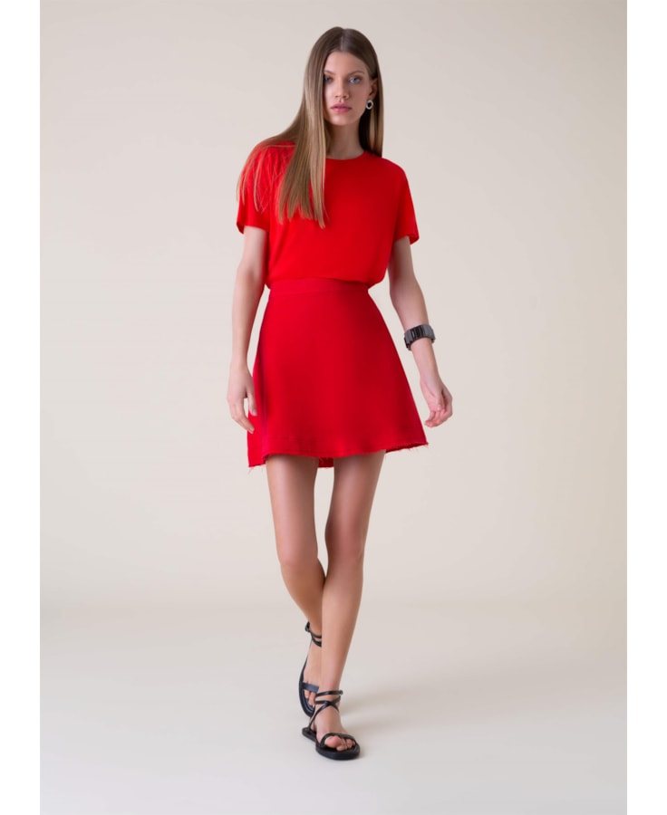 Saia Curta Denim Color Evasê Vermelho