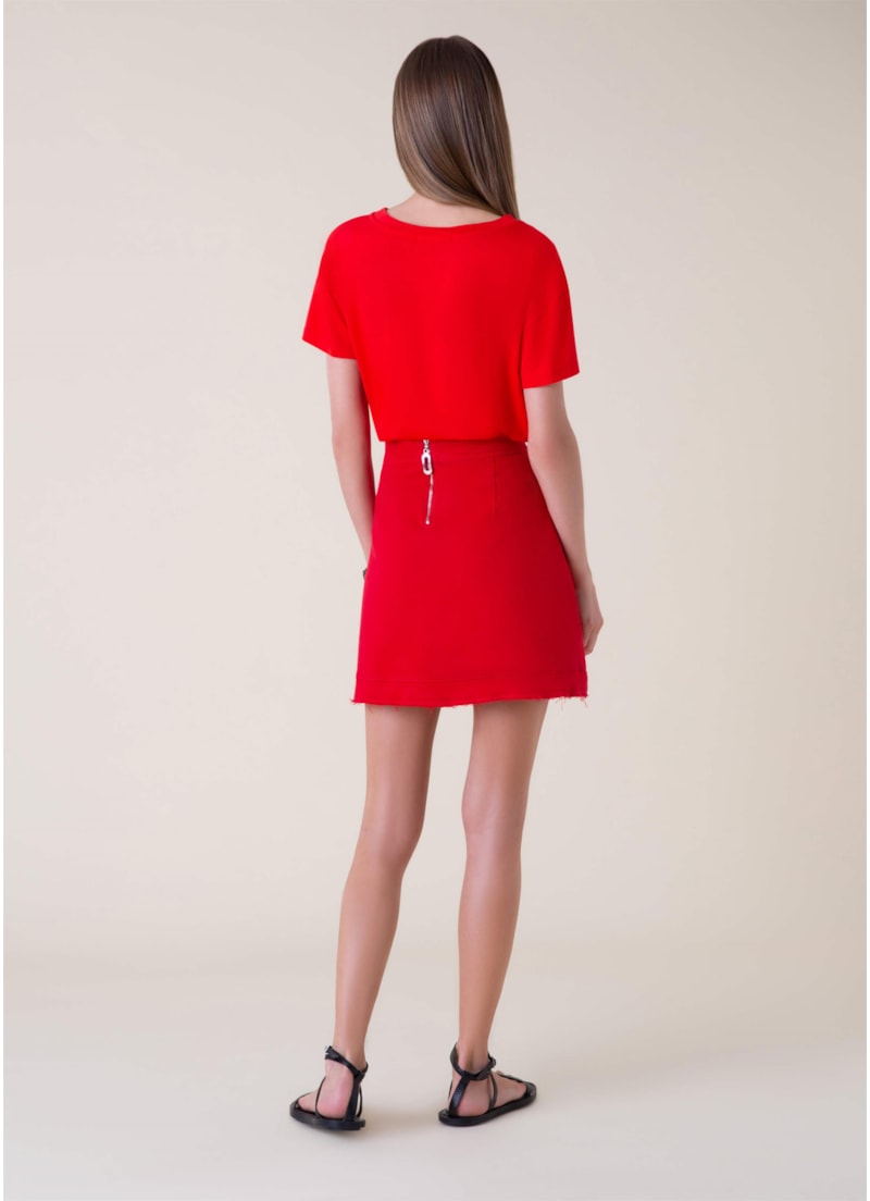Saia Curta Denim Color Evasê Vermelho