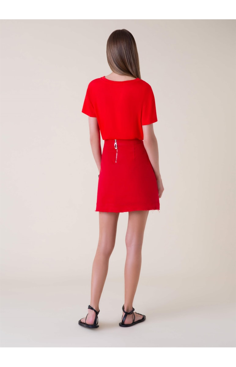 Saia Curta Denim Color Evasê Vermelho