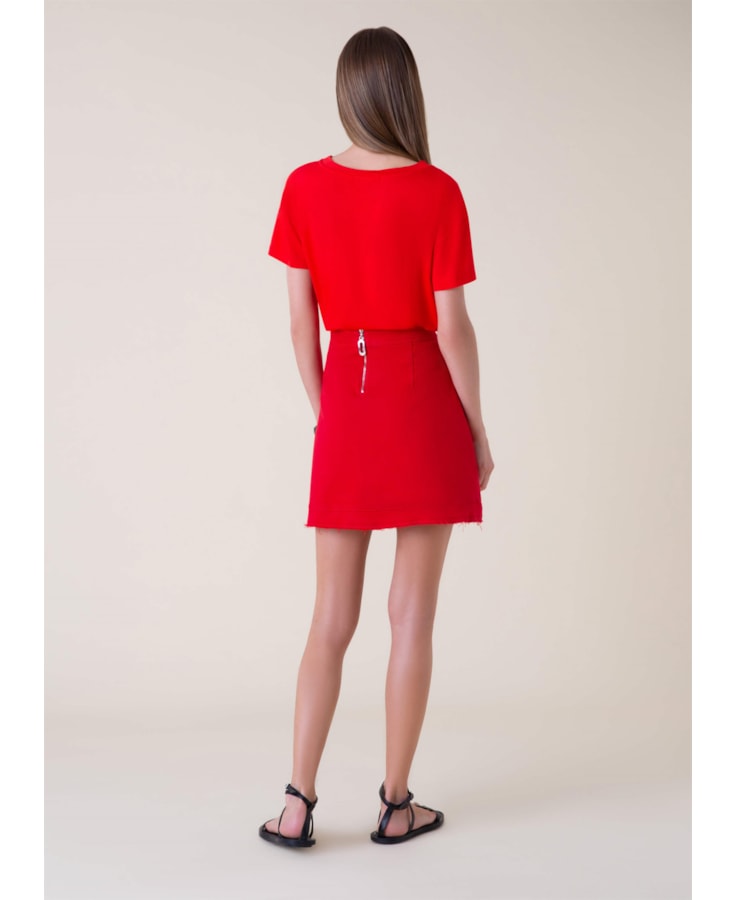 Saia Curta Denim Color Evasê Vermelho