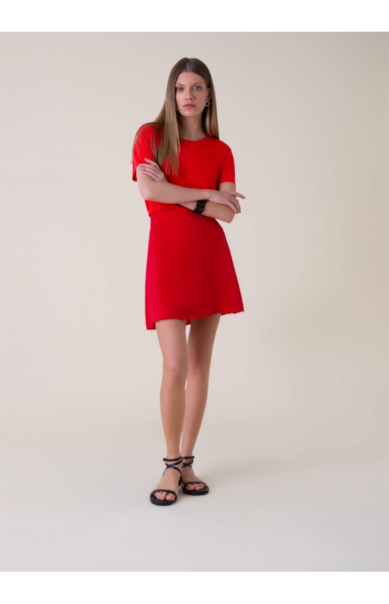 Saia Curta Denim Color Evasê Vermelho