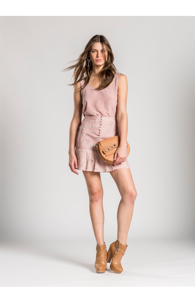 Saia Libélula Pregas Estampado Rose