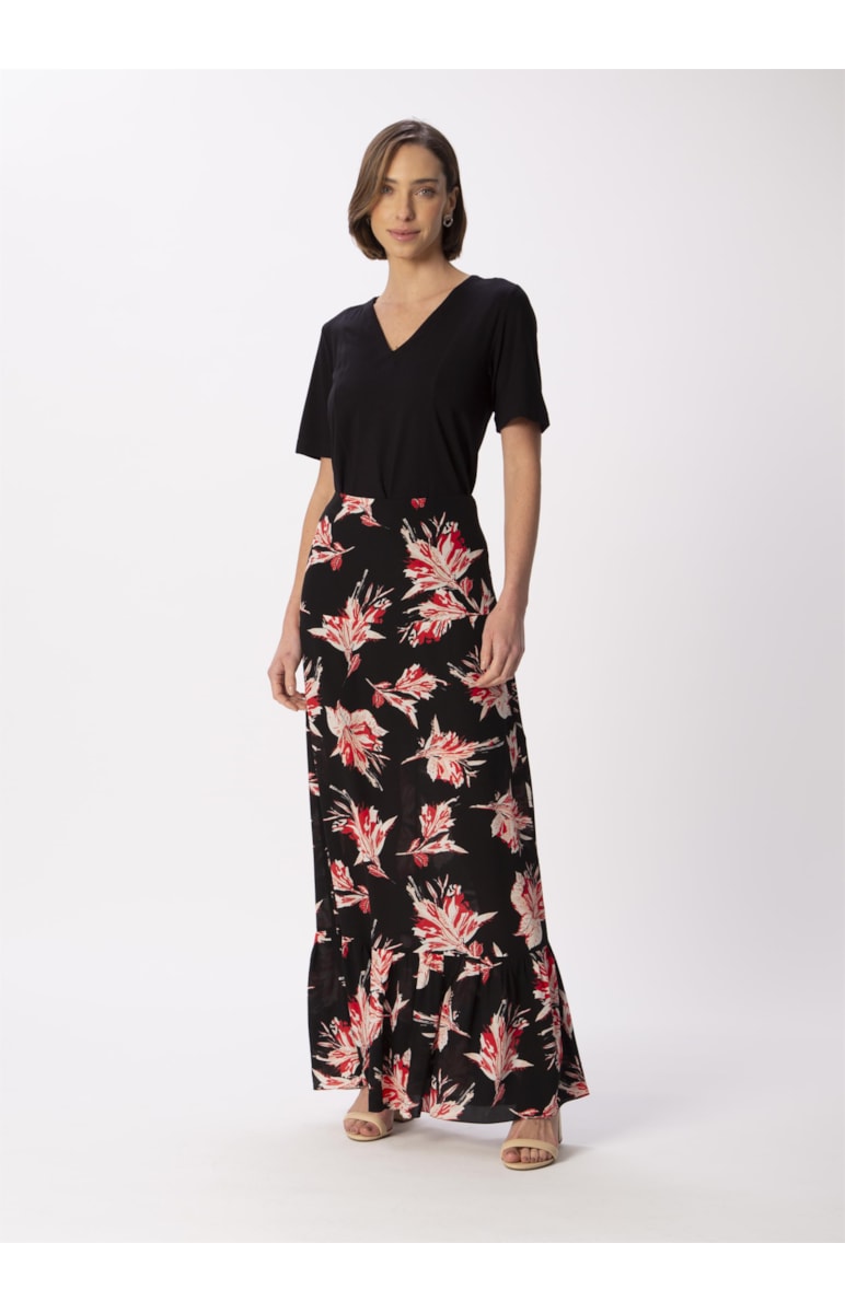 Saia Longa Seda Estampa Flores Dots Estampado