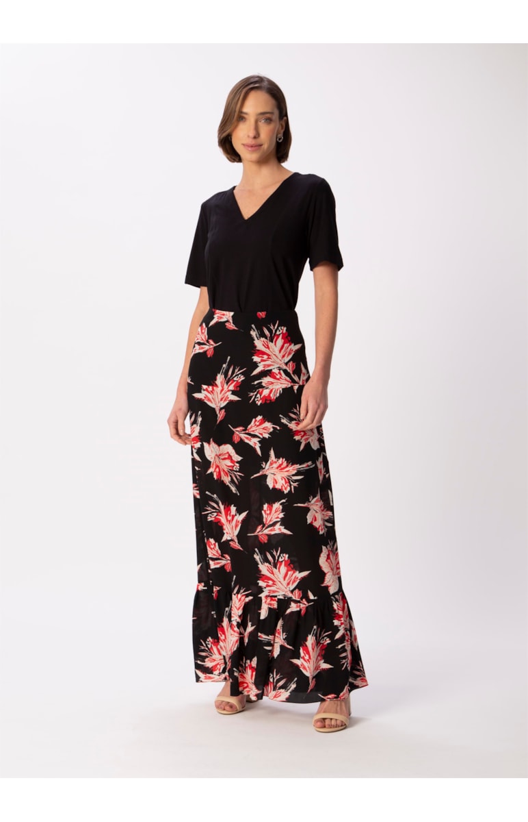 Saia Longa Seda Estampa Flores Dots Estampado