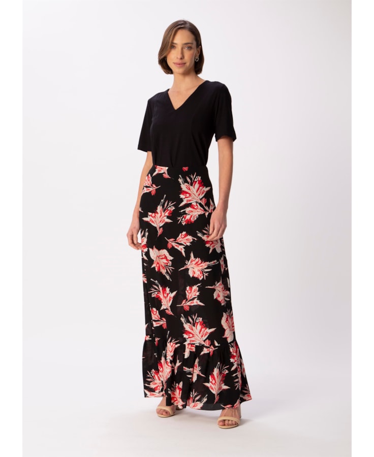 Saia Longa Seda Estampa Flores Dots Estampado