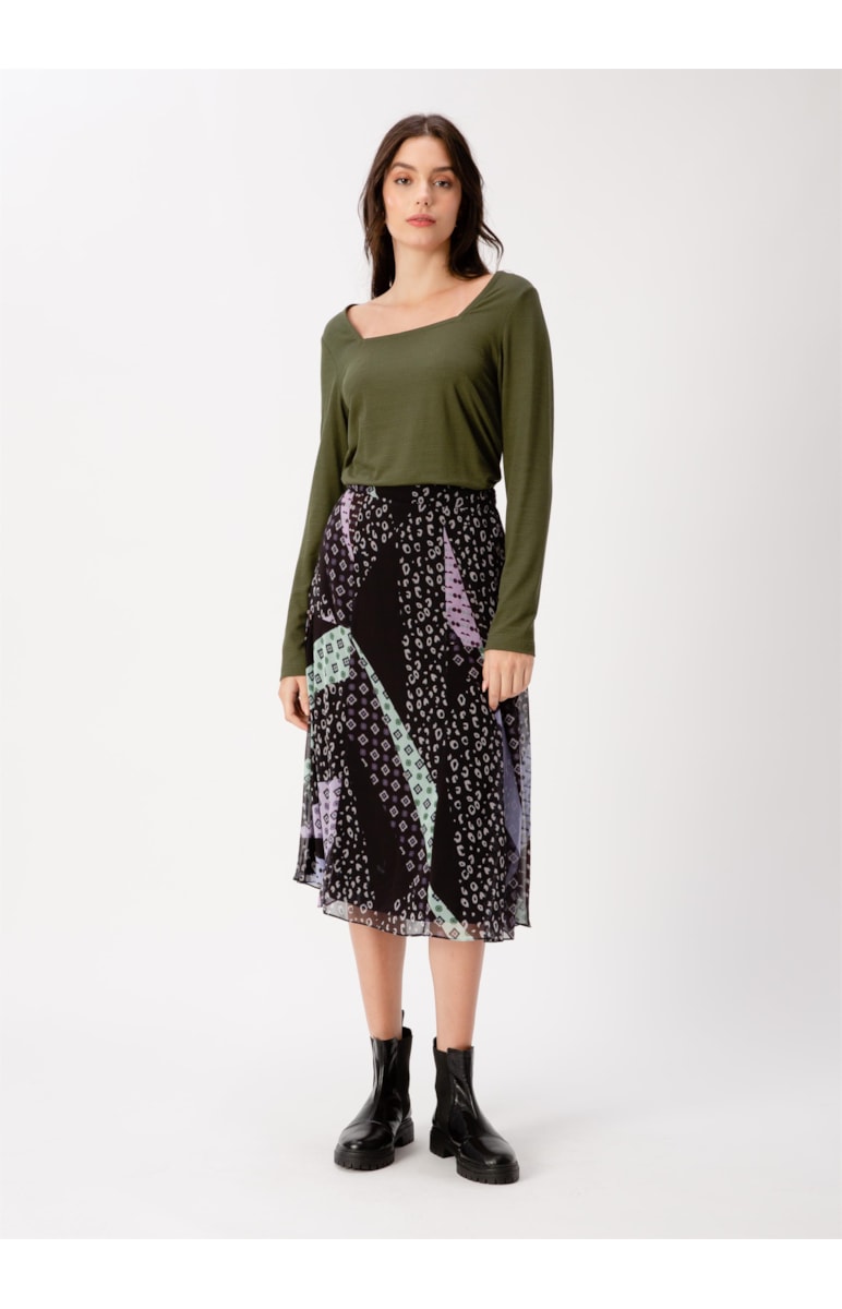 Saia Midi Boho Flowers Est. Fundo Preto
