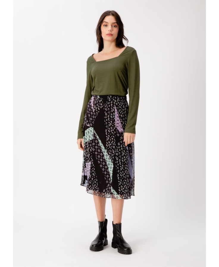 Saia Midi Boho Flowers Est. Fundo Preto