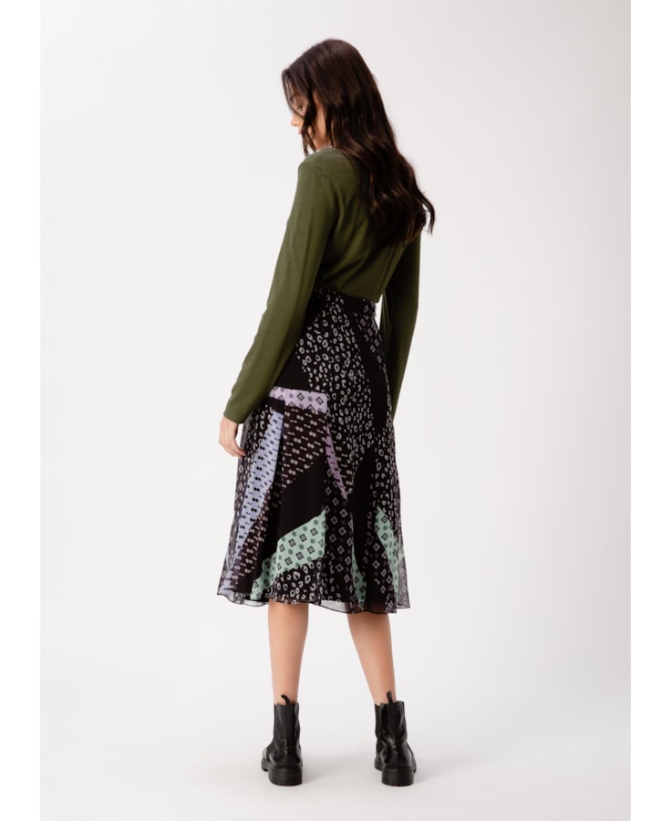 Saia Midi Boho Flowers Est. Fundo Preto